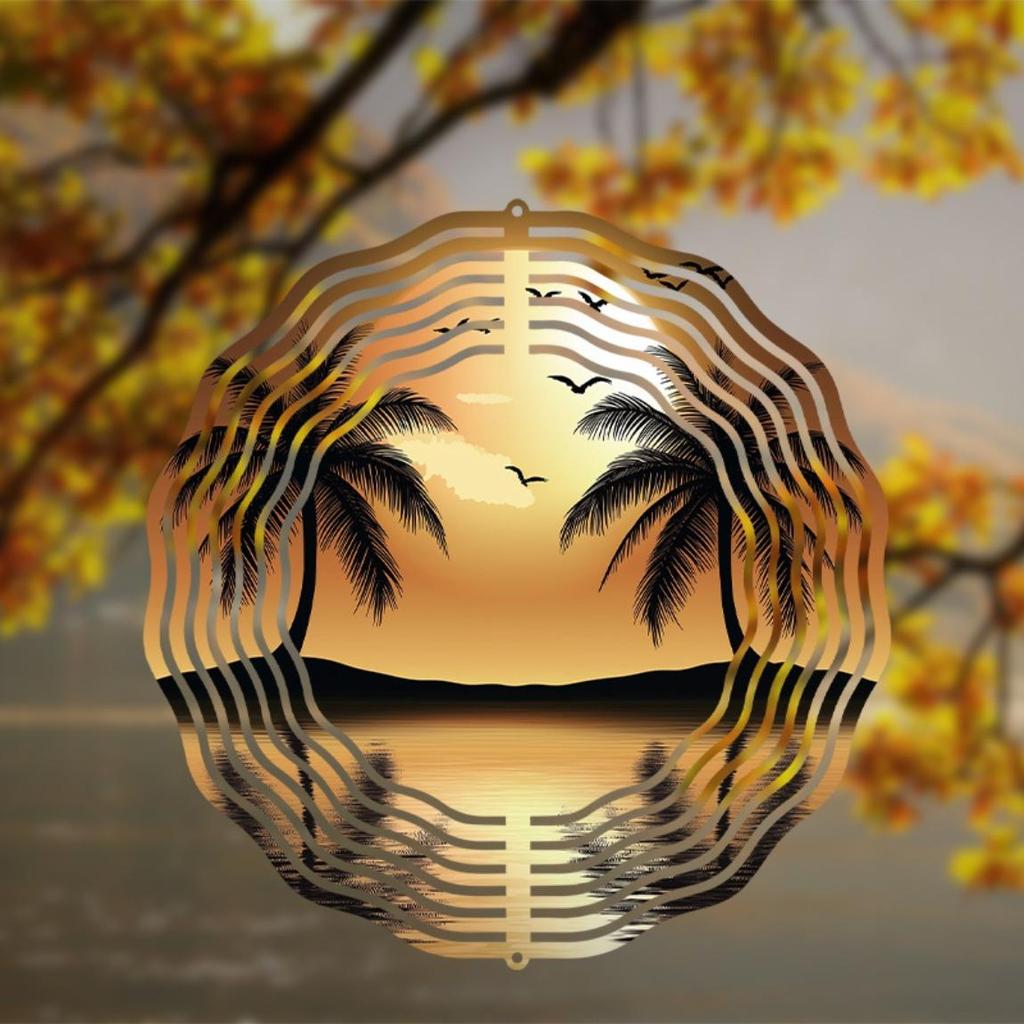 Double Coconut Tree Sunset Reflection Wind Chime with 360 Hook Metal Garden Decor for Outdoor Balcony Lawn Spring Summer Fall Winter