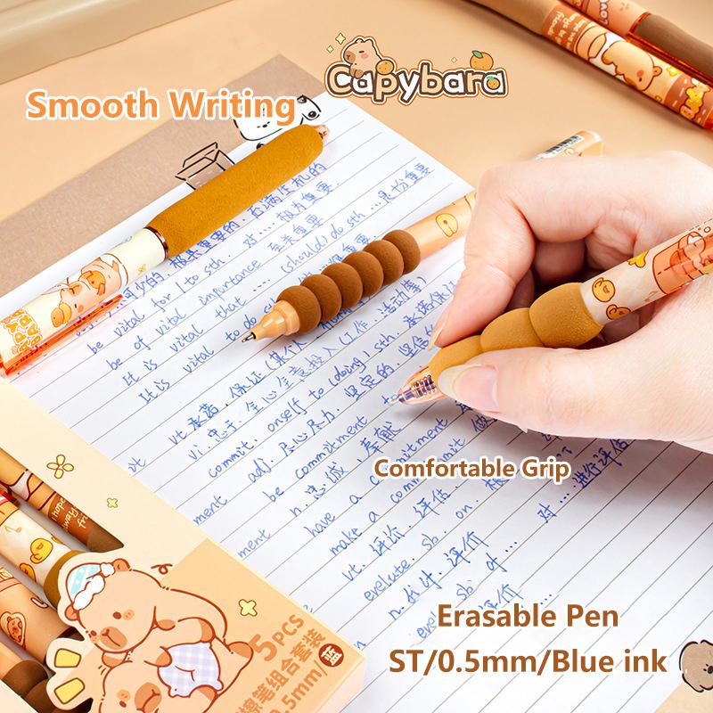 5Pcs Cute Cartoon Capybara Erasable Pen  Writing Smooth Quick-Drying Gel Pen Replacement Pen Core Office Supplies Gifts