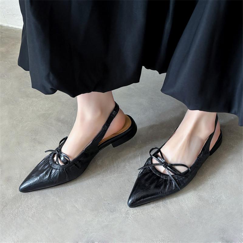 Fashion New Summer Sandals Split Leather Pointed Toe Sandals for Women Low Heels Fashion Bow Sandals Breathable Ladies Shoes Women