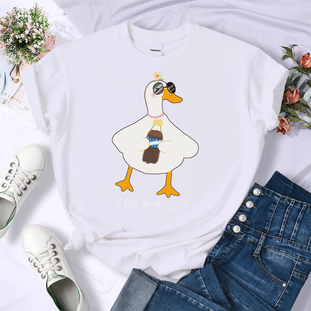 Sunglasses Drink Duck Design Women Tee Shirts Summer Comfortable T-Shirt Casual Crewneck Clothes Hip Hop Soft Woman Short Sleeve