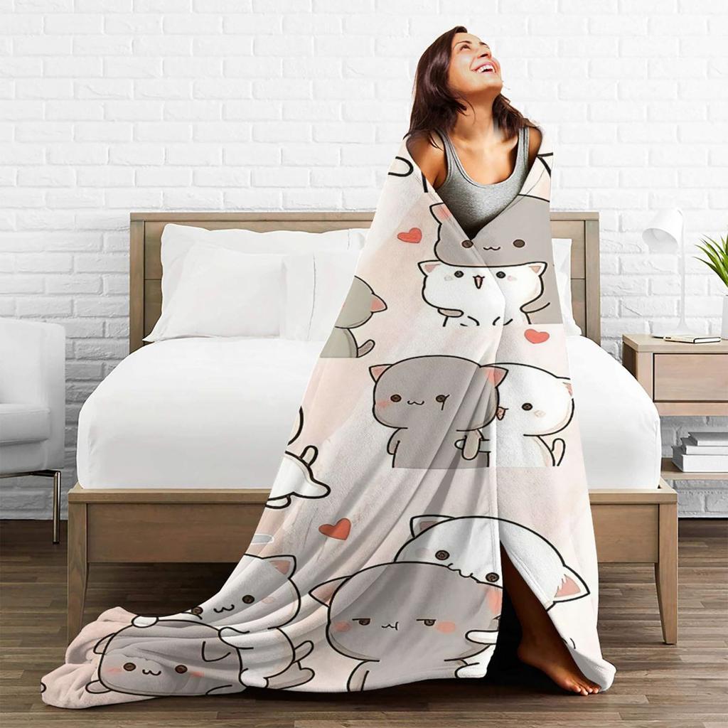 Kawaii Peach And Goma Collage Cartoon Blankets Velvet Decor Mocha Mochi Cat Soft Throw Blanket for Bed Bedroom Plush Thin Quilt