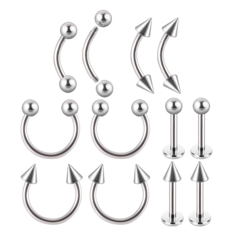 Set 12 Bucăți Oțel Chirurgical Culoare Argintie Placat cu Aur Negru Curcubeu Set Bijuterii de Piercing de Bază pentru Ureche Nas Sprânceană Labret 8Mm