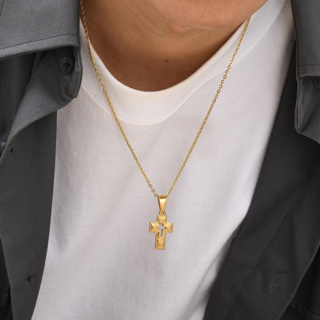 Gold Color Embossed Cross Necklaces for Men Women,Simple Cutout Unisex Catholic Cross Pendant,Christian Religious Jewelry Gifts
