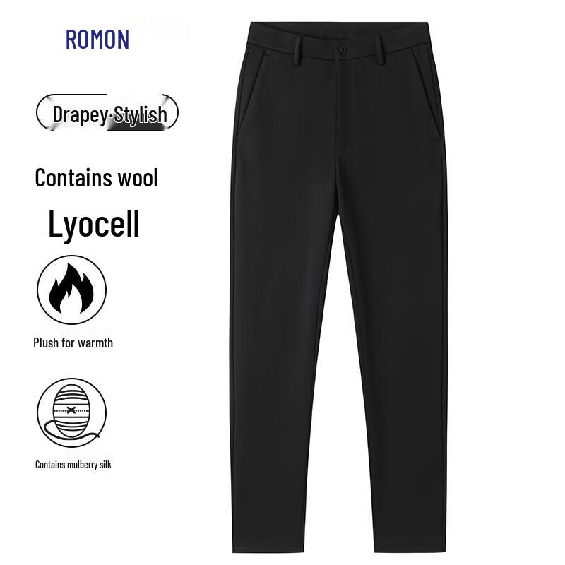 ROMON Men's Wool Blend Fleece Lined Straight-Leg Business Casual Trousers