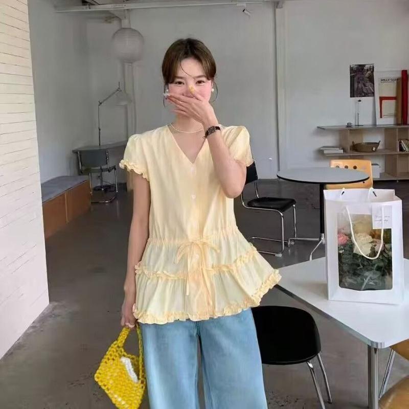 

Women s Waist Cinched V-neck Solid Color Shirt Wave Edge Splicing Short Sleeved Blouse Summer Slimming Trend Female Top S жовтий