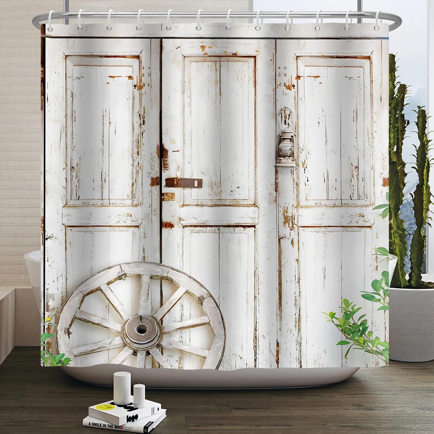 

Retro Wood Door Shower Curtain Farmhouse Country Vintage Farm Barn Wooden Waterproof Polyester Shower Curtain For Bathroom Decor W90*H180(CM)-1 Pcs
