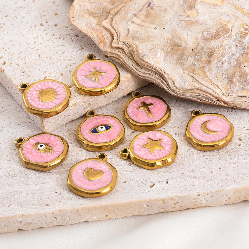 5 Pcs/Lot French Retro Style Enameled Round Stainless Steel Multi Pattern Pendant For DIY Necklace Jewelry Accessories Wholesale