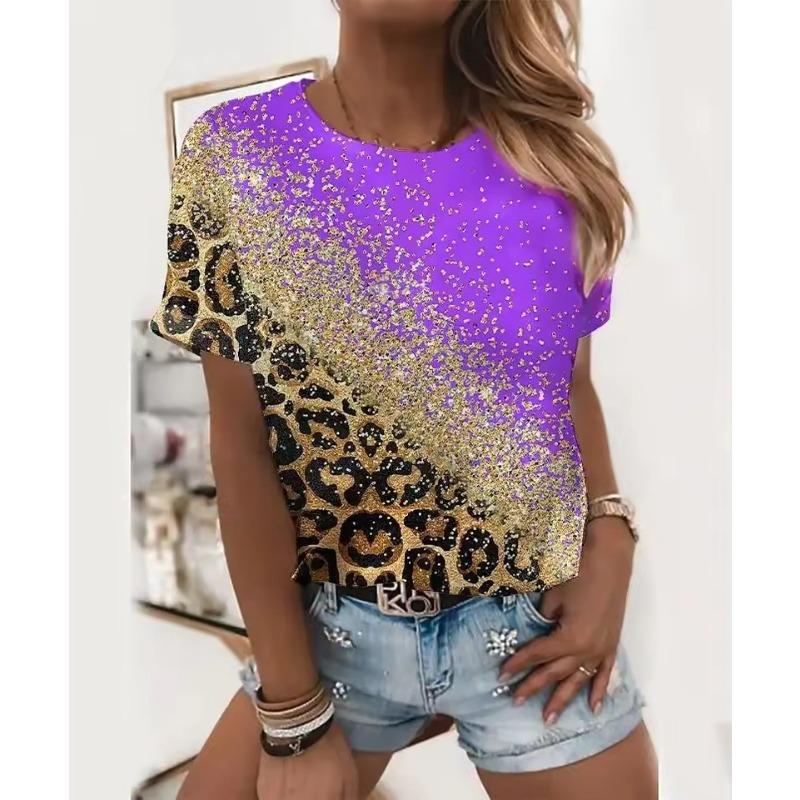

Summer Round Neck 3D Leopard Print Pattern Print Top Fashionable Casual Short Sleeved Women s T-shirts 6XL