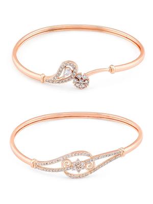 Set of 2 Rose Gold Cubic Zirconia Contemporary Brass Kada Bracelet for Women