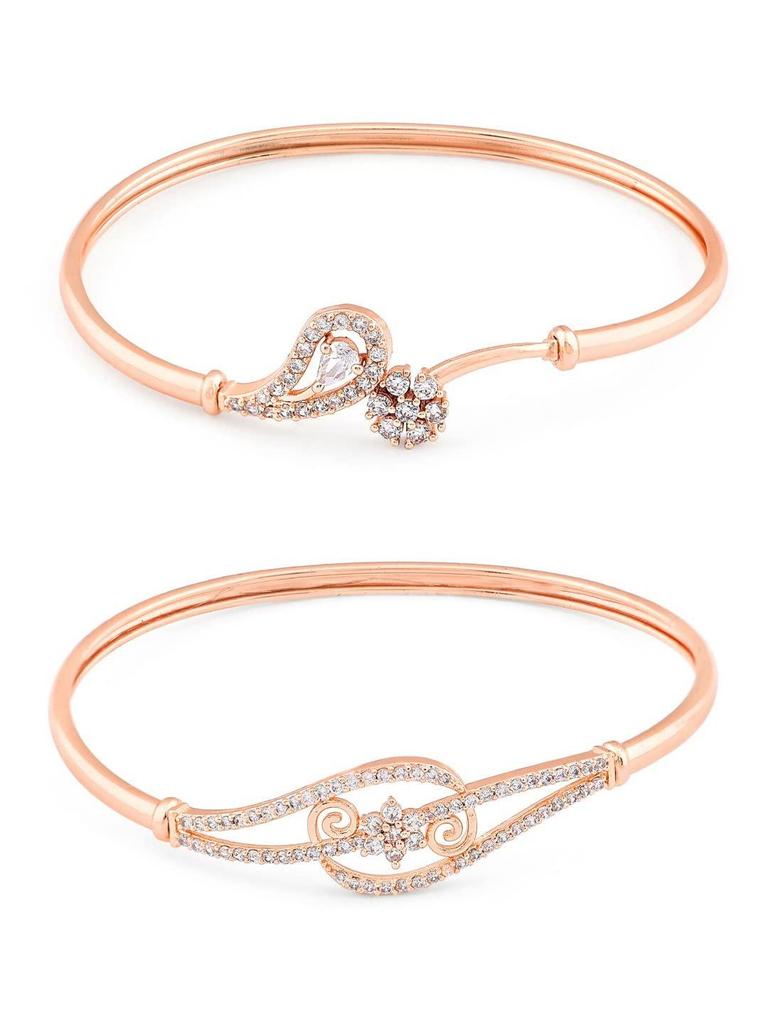Set of 2 Rose Gold Cubic Zirconia Contemporary Brass Kada Bracelet for Women