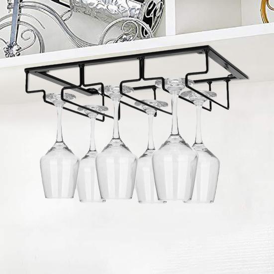 3-Row Wine Glass Rack Under Cabinet Wine Glass Drying Organizer Black Metal Stemware Holder for Cabinet Kitchen Bar Restaurant