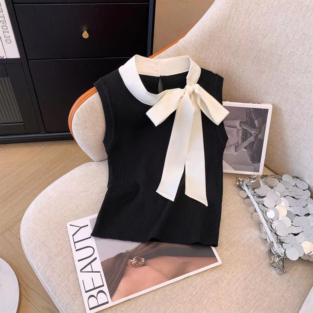 Summer Women Sleeveless Lace-up Collar Solid Knitted Sweater Tops
