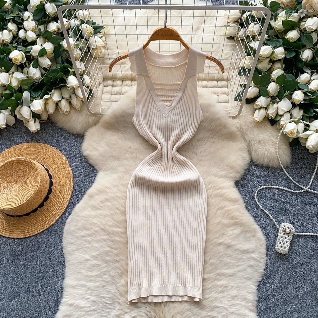 Summer Women Casual Sleeveless Polo Collar Knitted Sweater Mini Short Sheath Dresses