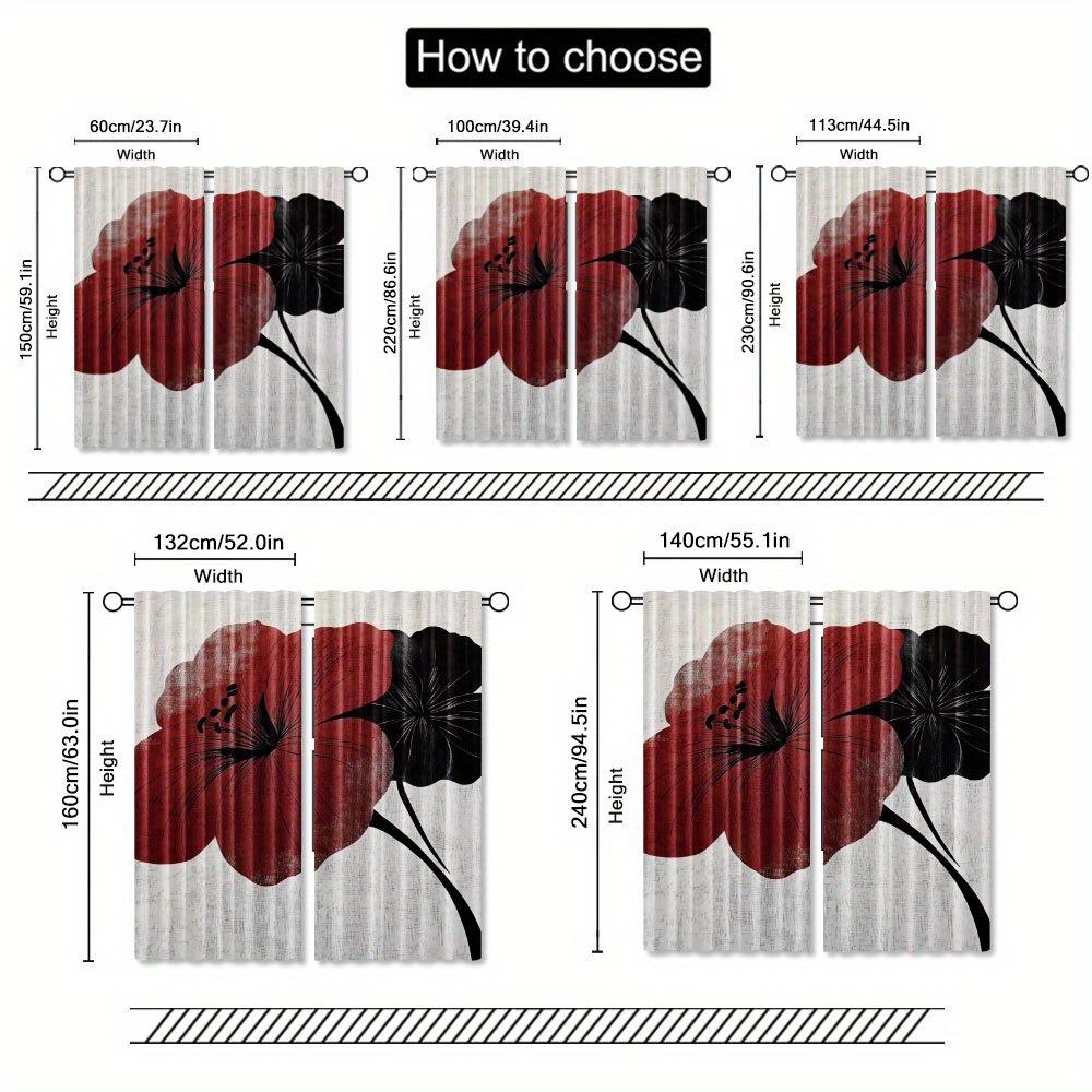 2pcs   Elegant Black and Red Flowers Print Curtains Light Filtering Rod Pocket Design for Bedroom Living Room Office Decor Artist