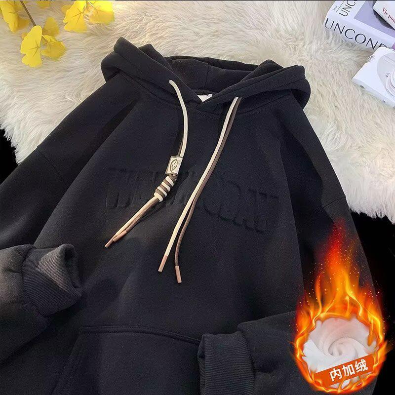 Herren Oversized Schwerer Hoodie - Herbst/Winter Trendiger Lockerer Schnitt mit Plus Samt und Gestempeltem Design