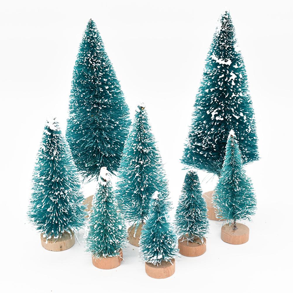 8PCS Mini Christmas Tree Decorations Sisal Snow Covered Pine Tree With Wooden Base For Holiday Party Home Decor