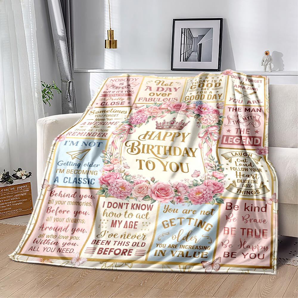 Floral Birthday Celebration Blanket Soft Warm Cozy Perfect for Livingroom Bed Bedding All-Season Use Playful Design Gifts For Family Or Friends