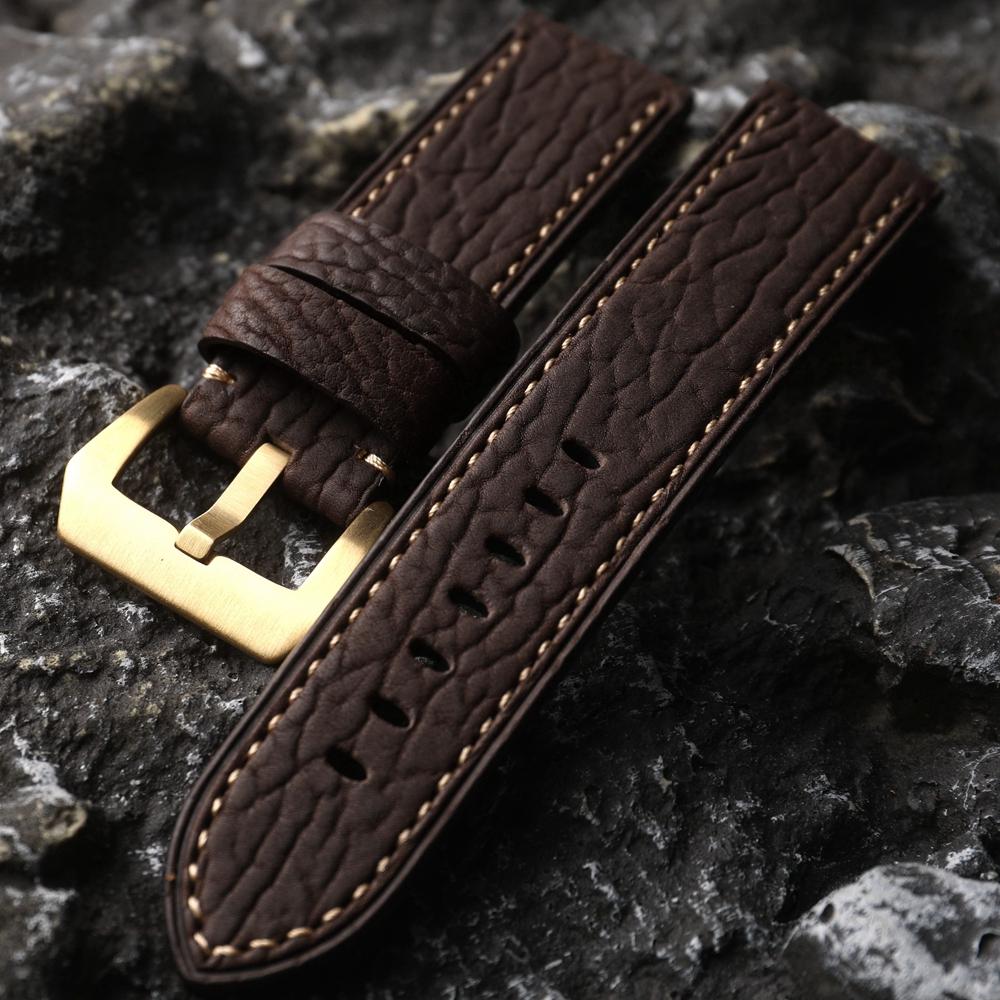 Classic Sharkskin Genuine Leather Watch Band 20 22 24MM Bronze Watch Accessories Buckle, High-end Genuine Leather Bracelet, Pure Bronze
