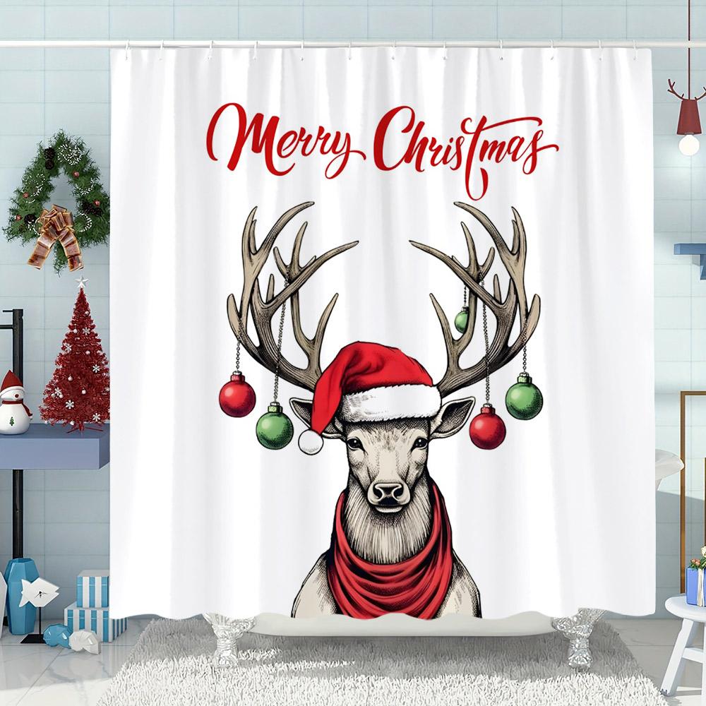 Funny Christmas Bathtub Cat Print Shower Curtain Moose Snowman Christmas Decor Polyester Fabric Shower Curtains Bathroom Decor