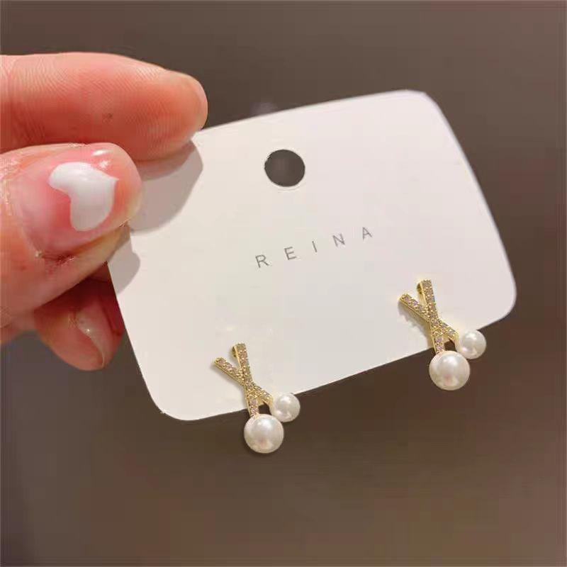 Cross zircon pearl stud earrings 2025 new popular exquisite earrings fashion earrings