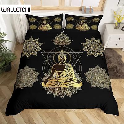 Sada povlečení Mandala Buddha,Bohémská sada povlečení Zlatý Černý potisk lotosových květů Luxusní povlak na přikrývku z mikrovlákna a polyesteru
