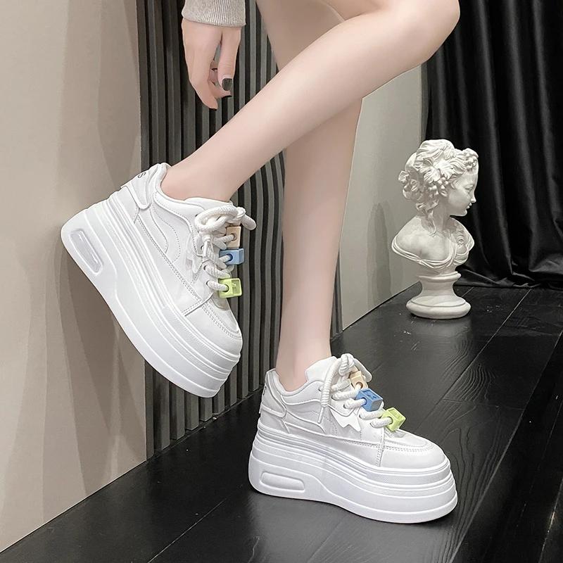 Móda Dámské 9CM Kožené Tenisky Podzim Jaro Šněrovací Ležérní Vycházková Obuv Robustní Tenisky Vysoká Platforma Sportovní Skate Obuv Žena