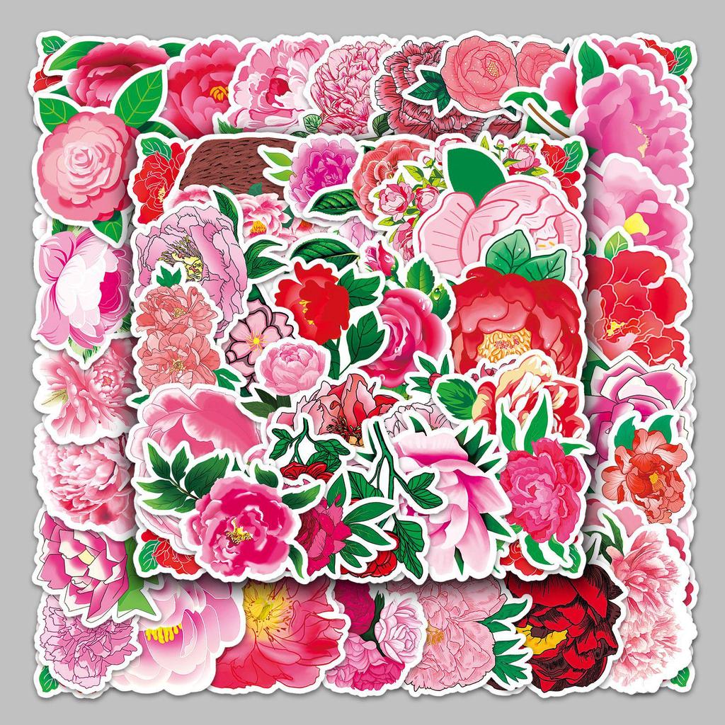 50PCS Peony Cartoon Flower Stickers: Waterproof for Suitcases, Skateboards, Laptops, Tablets, and More