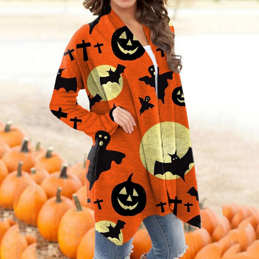 Women's Halloween Print Open Front Cardigan Long Sleeve Lightweight Casual Outerwear Sweater with Draped Hem for Fall and Winter