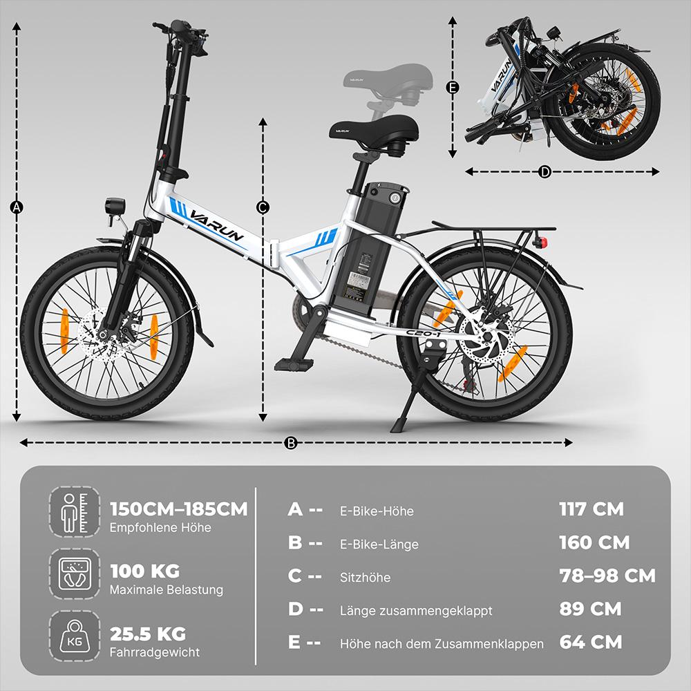 Electric Bike Foldable VARUN C20 20" 250W Motor City Ebike 48V 7.8AH Top Speed 25Km/h 7 Speed LCD Display Load 150Kg White