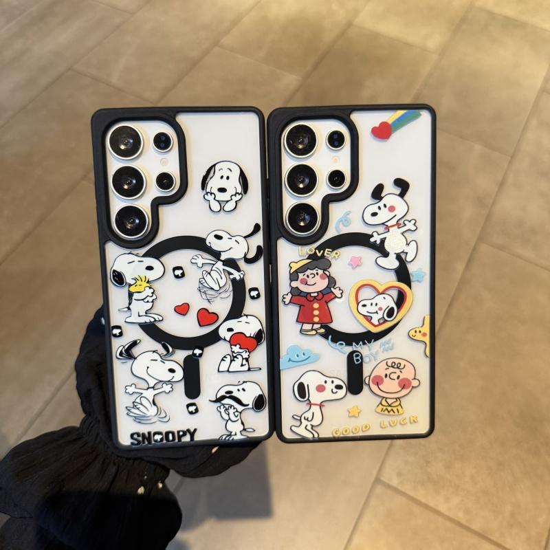 Cute Cartoon Love Snoopy Charlie Brown Magsafe Wireless Charge Case For Samsung S22 S23 S22 S24 S25 Ultra Plus Magnetic Holder