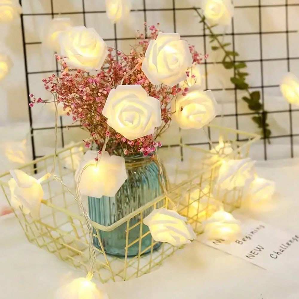 LED Rose String Lights, 10 LED, Indoor Outdoor DIY Decor, Battery Box (Battery Not Included)