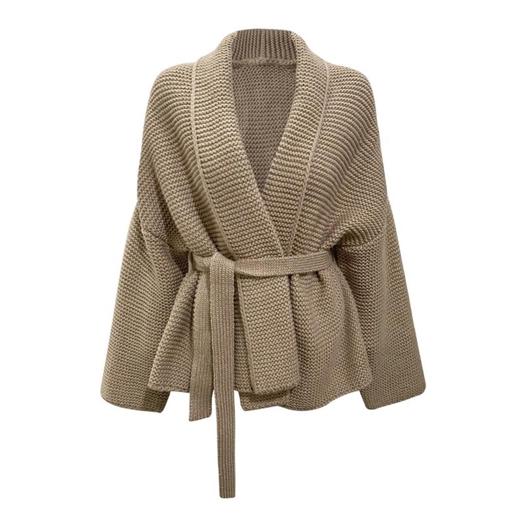 Women's Jacket Short Casual Lapel Waist Strap Solid Color Knitted Cardigan Sweater Jacket Knit Long Cardigan