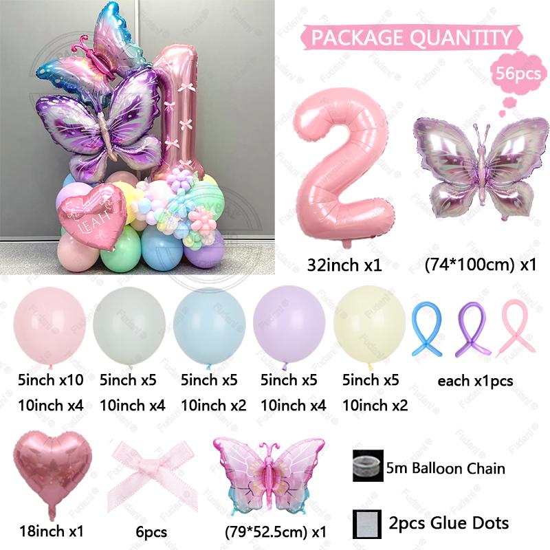 56pcs/set Butterfly Number Balloon Set Pink Numbers 1-9 Purple Butterflies for Valentine's Day Anniversary Birthday Party Decors
