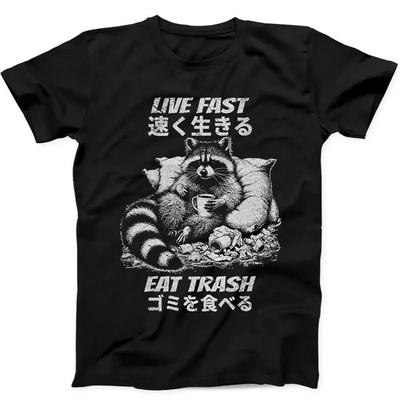 100% algodão TOPS UNISSEX CAMISETAS MASCULINAS FEMININAS Viva Rápido Coma Lixo Guaxinim Japonês Camiseta Engraçada Presente Preta 277