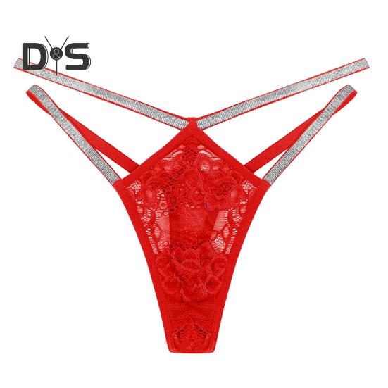Sexy Women G string Thong Low Waist See through Sheer Hollow Floral Lace Rhinestone Straps Breathable Soft Ladies Underwear Brief Panties