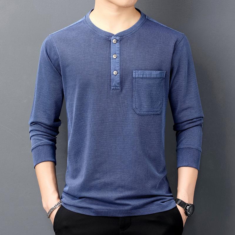 New Men's T-shirt Men's Autumn Long-Sleeved Lapel Workwear round Neck Youth Loose Bottoming Shirt Autumn Clothes