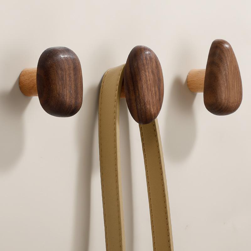Solid Wood Coat Hook Wall Mounted Clothes Hanger with Handle - Punch Free Door Hanger Pebble Shape for Kitchen Cabinet Organizer