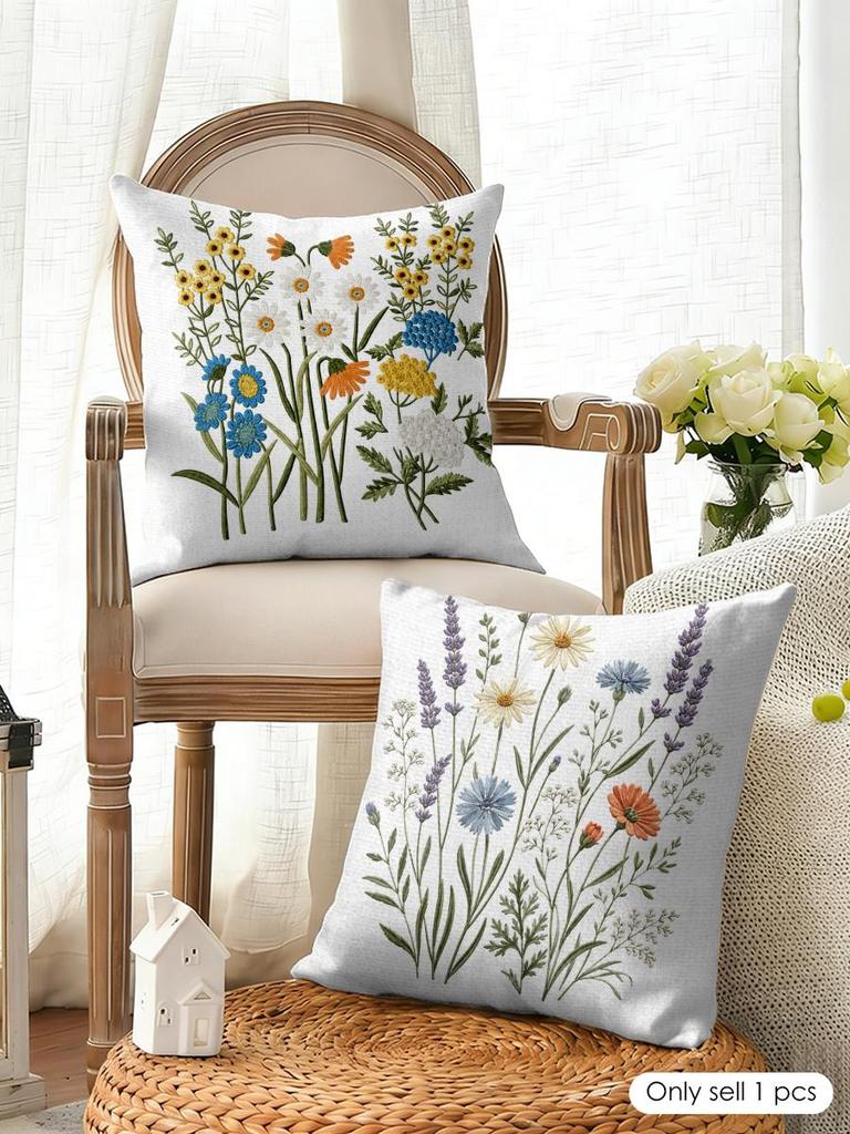Federa Cuscino Fiori Ricamati Colorati Lino Naturale Tessuto Biologico Stampa Double-Face Traspirante Perfetta Per Arredo Casa