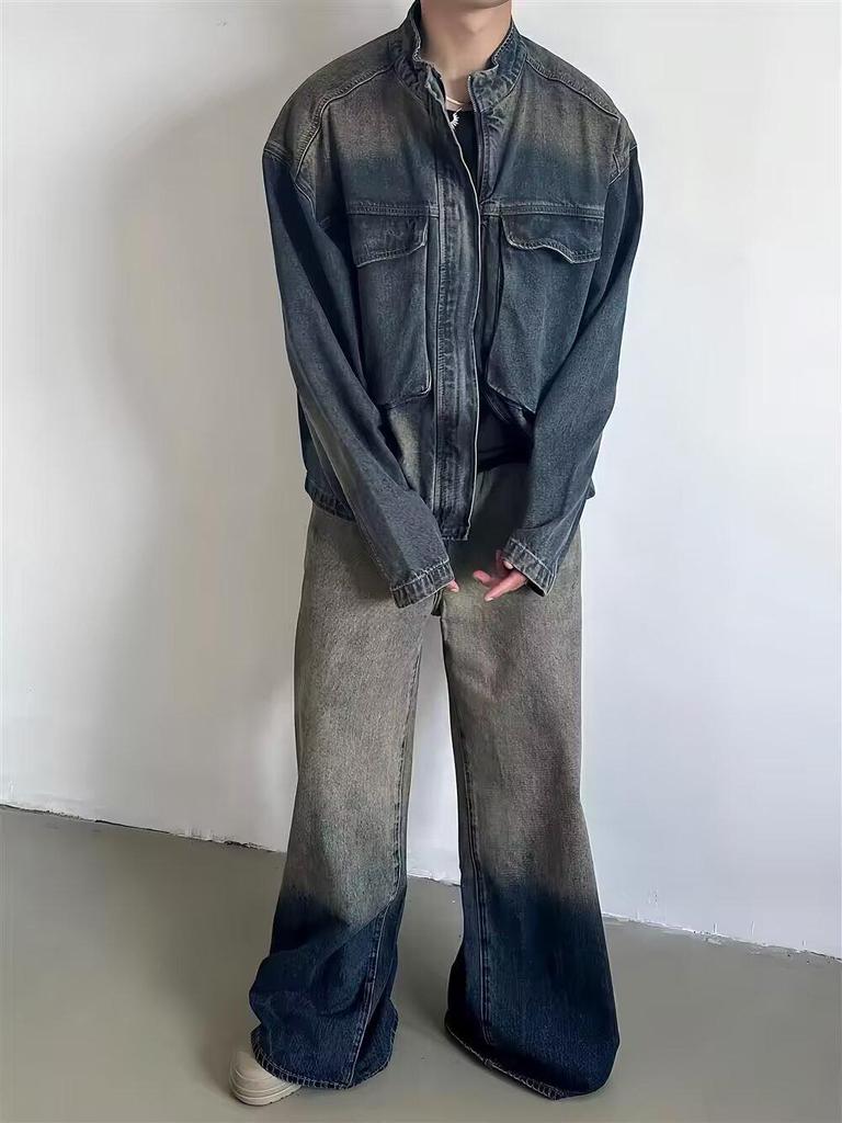 Nostalgic Blue Retro Denim Jacket - Men's Loose Fit with Large Pockets and Stand Collar for Spring & Autumn