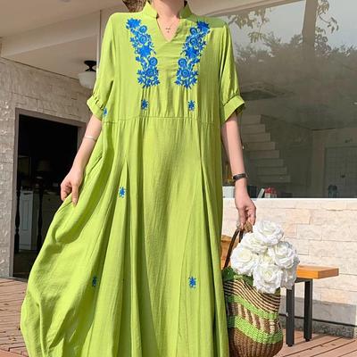 Vintage Embroidered Beautiful Loose Oversize Multi Solid Color Half Sleeve Long Dress For Women Spring Summer Women Dress