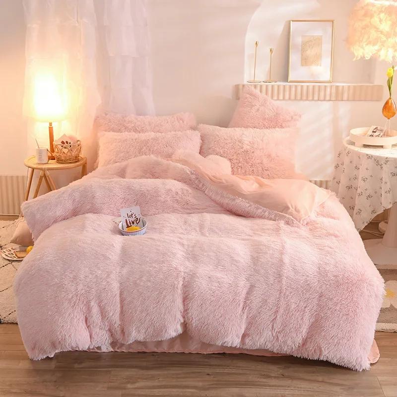 3/4PCS Winter Warm Plush Duvet Cover Pink Mink Velve+fluffy Flannel Quilt Cover Queen King Size Luxury Double Bed Bedding Set