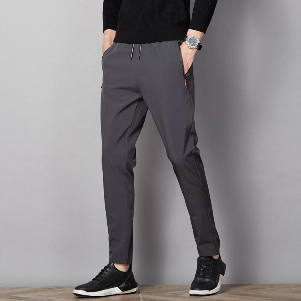 Men's Ice Silk Pants Summer Men's Casual Sports Pants Gray Zipper Pockets Slim Straight Breathable Lightweight Cool Feeling