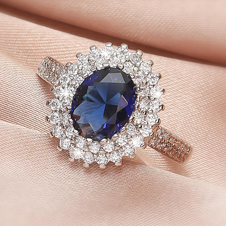 Elegant Women's Blue Glass Zirconia Halo Ring - Sophisticated Copper Wedding Band with Crystal Accents, Ideal for Daily Wear & Gifting, Perfect Valent