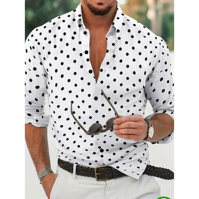 Men's Casual Long-Sleeved Shirt, Polka Dot, Button Closure, Elastic Fabric, Regular Fit, Suitable for Commuting/Street/Halloween/Christmas Gift Giving