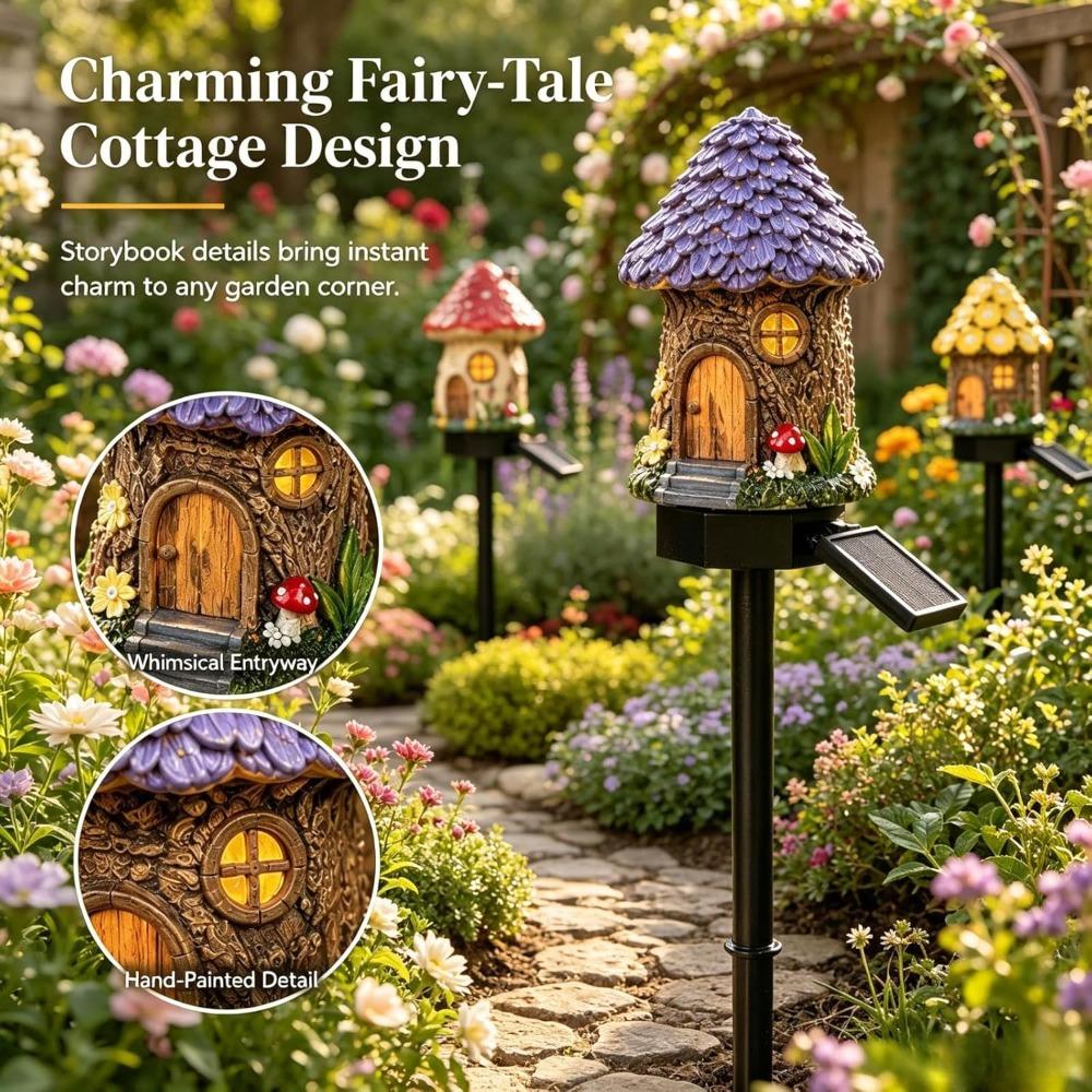 Solar Fairy Tale Mushroom House Lamp, Cottage Yard Garden Stake Light, Resin Mushroom House Ornament, Waterproof LED Mushroom House Statue Lamp