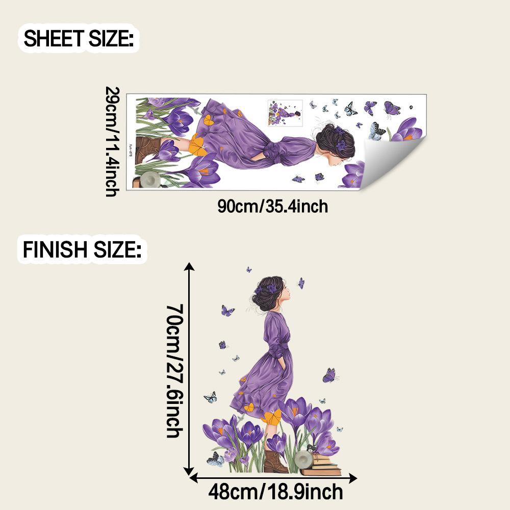 

Creative Purple-clad Girl with Purple Flowers and Butterflies Home Wall Decoration and Beautification Stickers