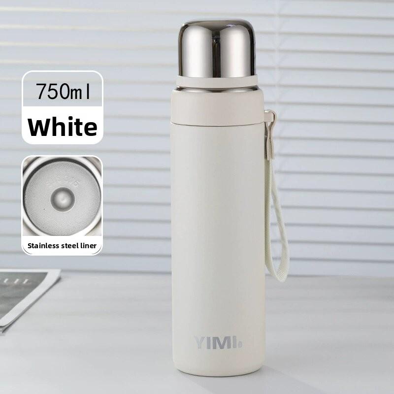 Portable lanyard water cup, sports water cup, 316 stainless steel bullet-shaped insulated cup, dual-purpose with one lid 750ml белый