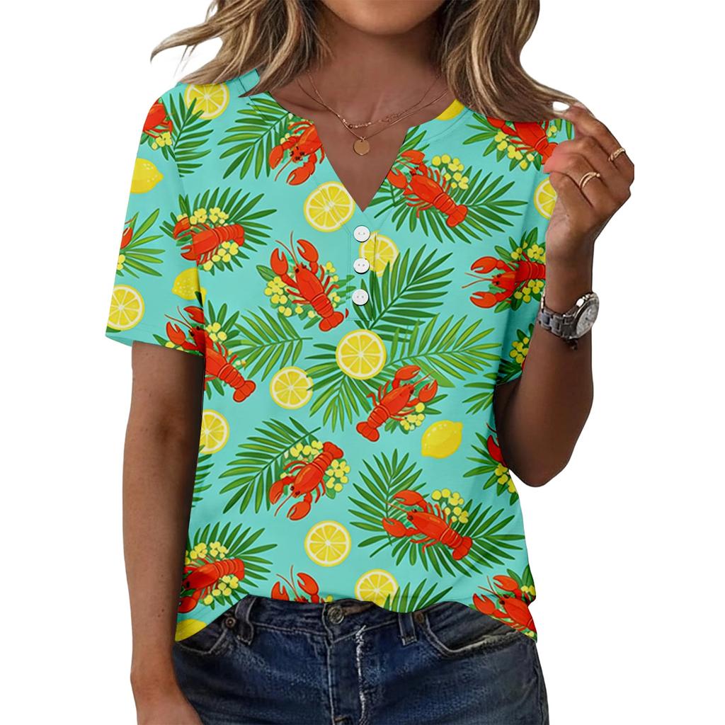 Women Casual V Neck Short Sleeve Button Front T Shirt Lobster Print Lightweight Summer Top