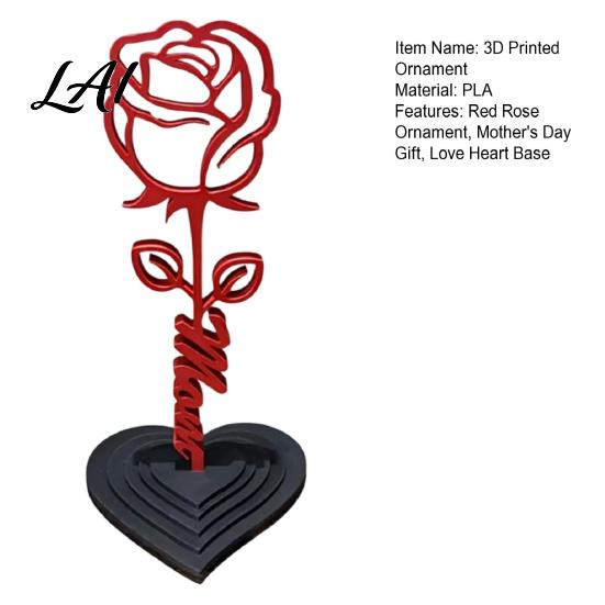 Minimalist Rose Sculpture And Heart Sculpture 3D Printed Red Ornament Mom Stem Love Base Ornament Statue Mother's Day Birthday Gift for from