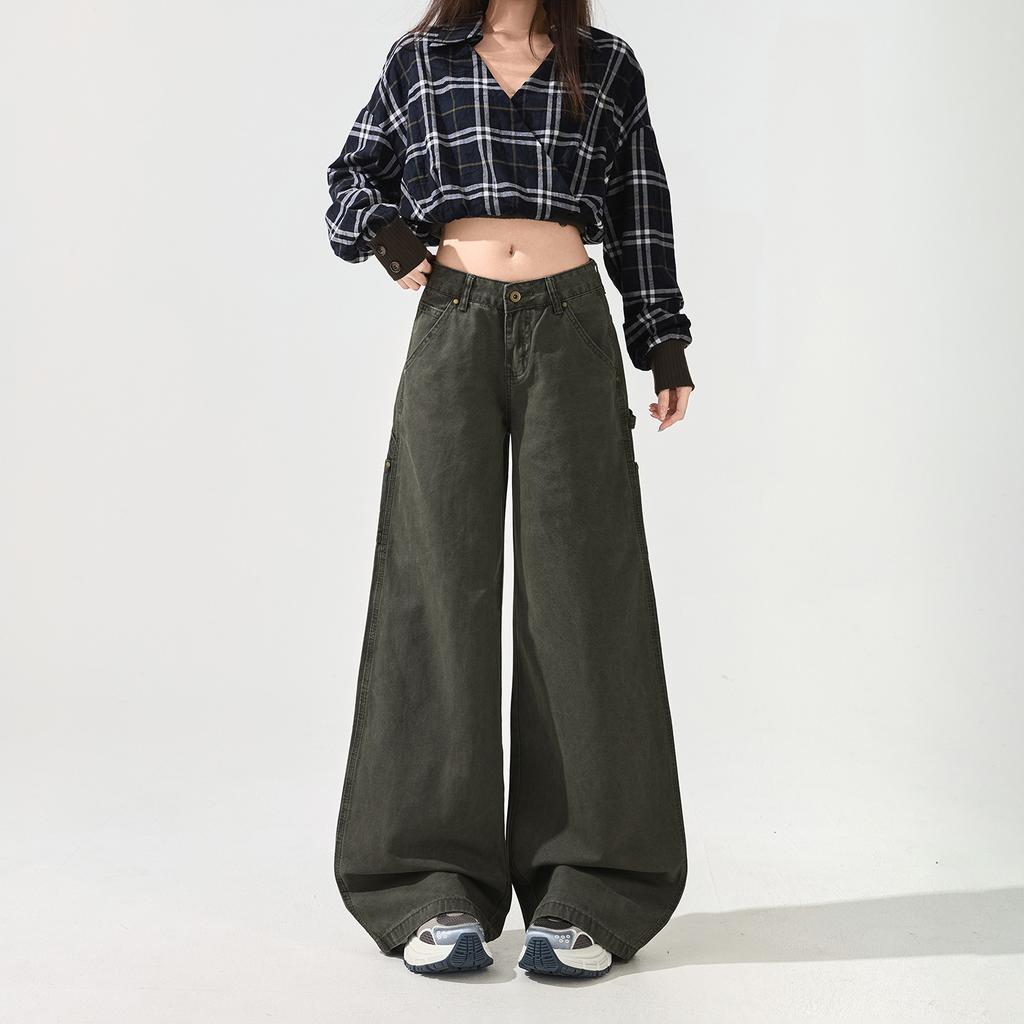 Early spring pure cotton American low-rise casual tooling jeans women's loose deconstruction splicing fashion non-stick leg flared pants